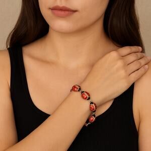 Vintage Gold Red Enamel Ladybug Bracelet – Whimsical Retro Charm Jewelry